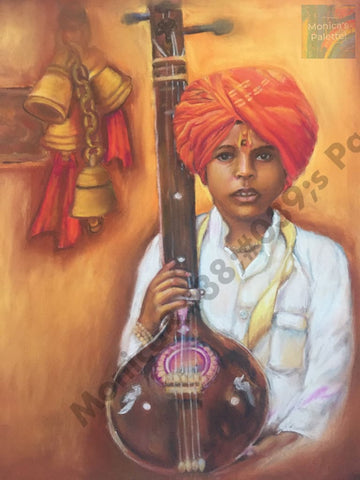 Boy With Sitar - Pastel Painting Wall Decor