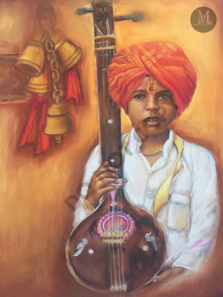 Boy With Sitar - Pastel Painting Wall Decor