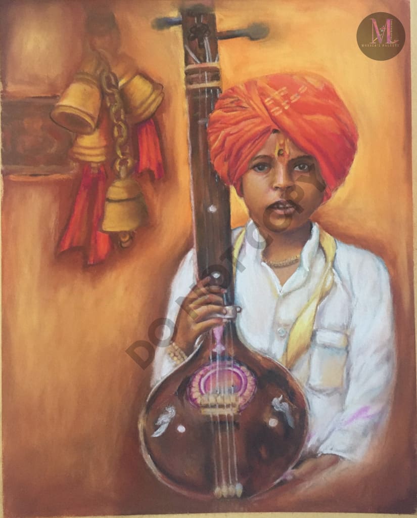 Boy With Sitar - Pastel Painting Wall Decor