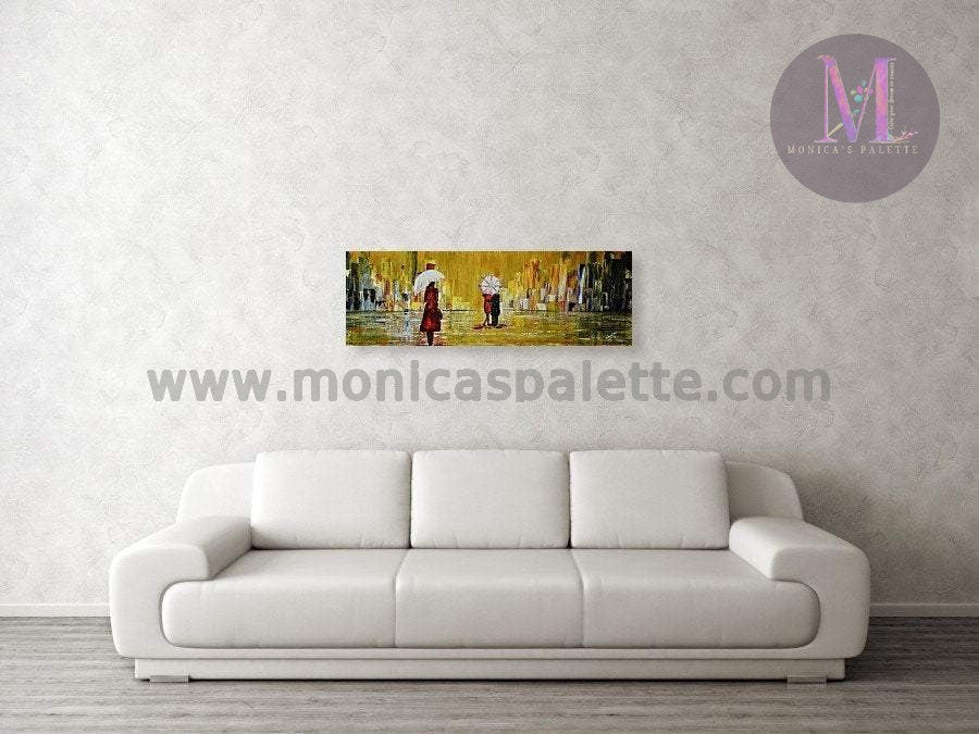 Rainy Day Original Hand Made Acrylic Painting Home Deco Walk In Rain Painting