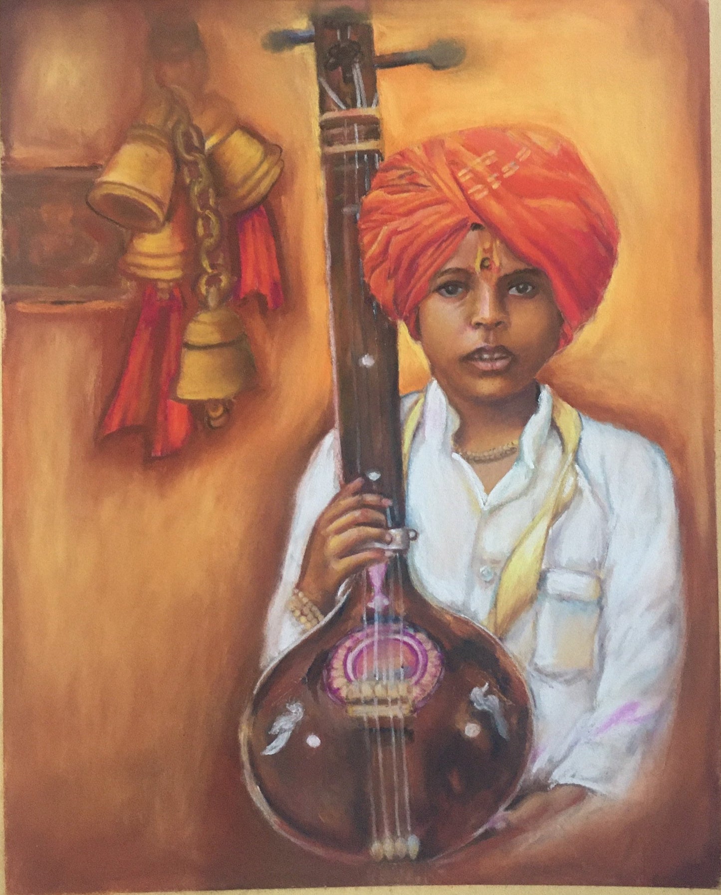 Boy With Sitar - Pastel Painting Wall Decor