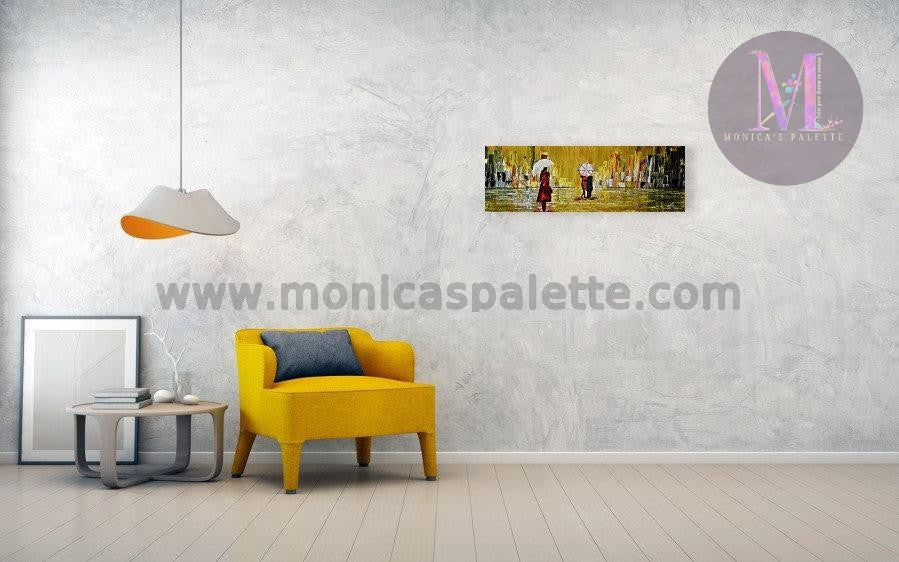 Rainy Day Original Hand Made Acrylic Painting Home Deco Walk In Rain Painting
