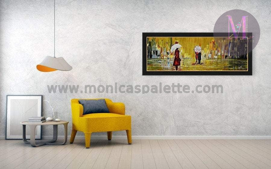 Rainy Day Original Hand Made Acrylic Painting Home Deco Walk In Rain Painting