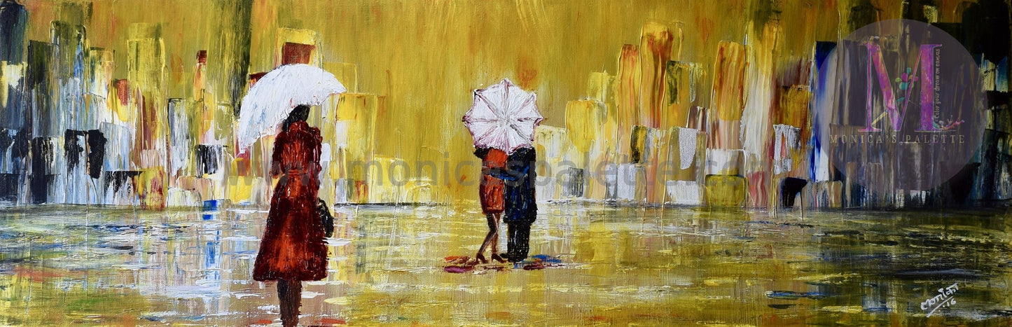 Rainy Day Original Hand Made Acrylic Painting Home Deco Walk In Rain Painting