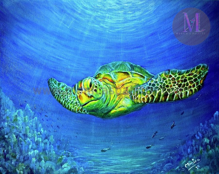 Sea World - Tortoise Acrylic Original Painting Under The Sea Turtle Painting