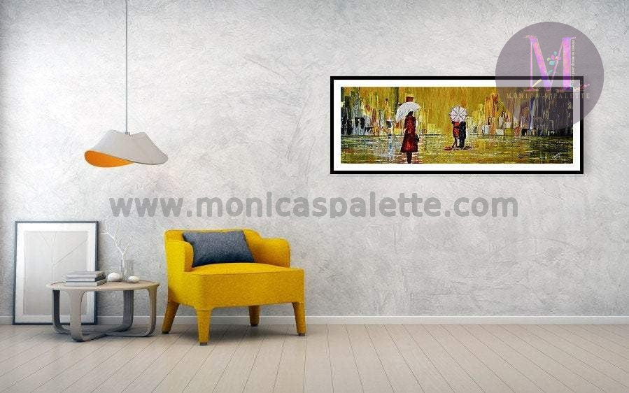 Rainy Day Original Hand Made Acrylic Painting Home Deco Walk In Rain Painting