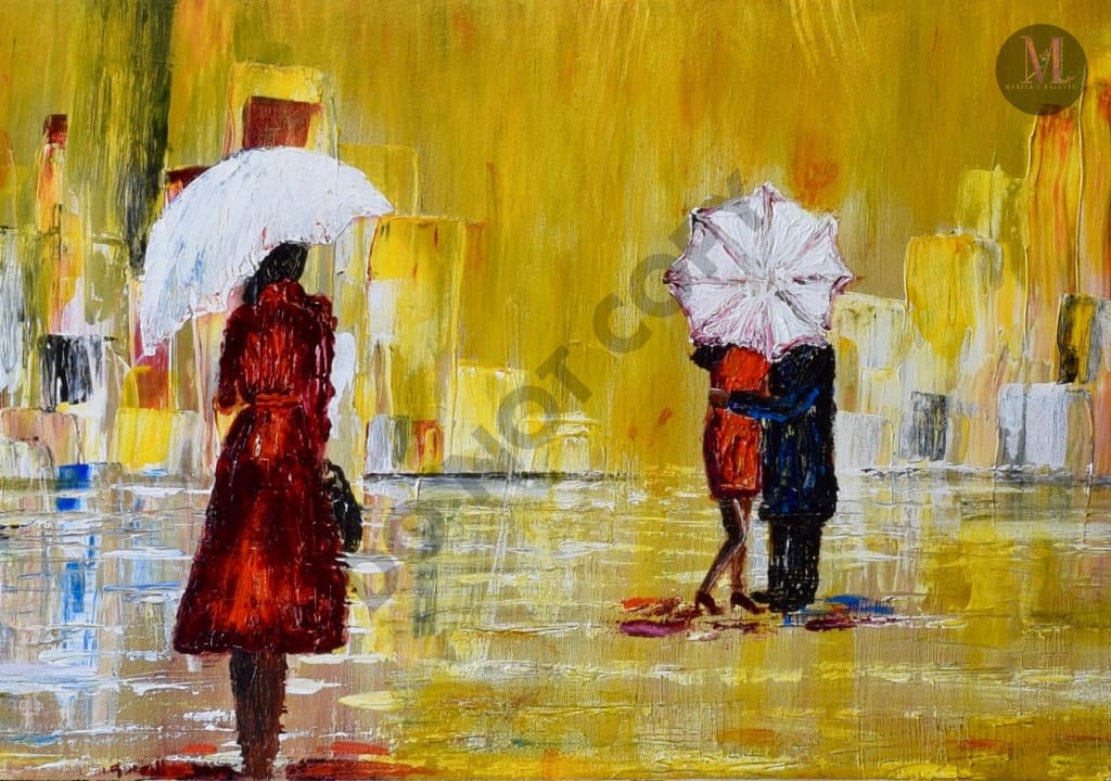 Rainy Day Original Hand Made Acrylic Painting Home Deco Walk In Rain Painting