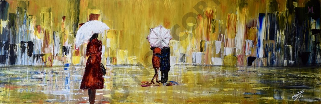 Rainy Day Original Hand Made Acrylic Painting Home Deco Walk In Rain Painting