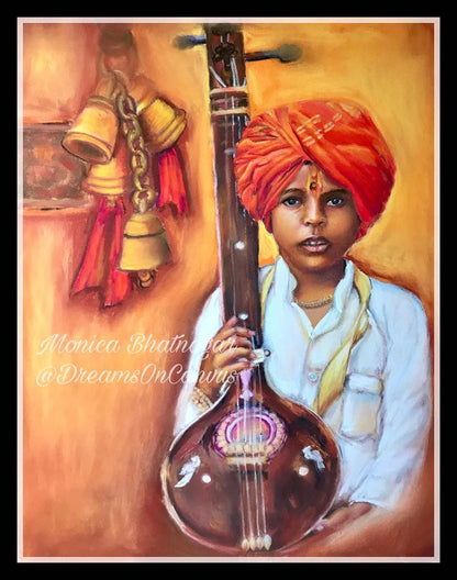 Boy with Sitar  - Pastel Painting Wall Decor
