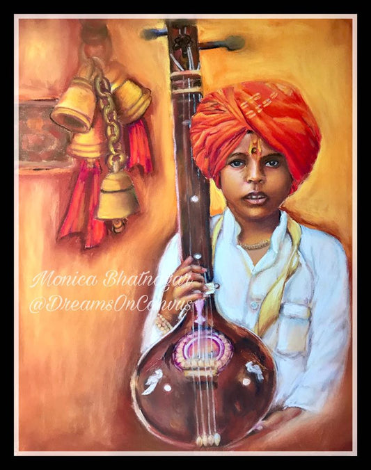 Boy with Sitar  - Pastel Painting Wall Decor