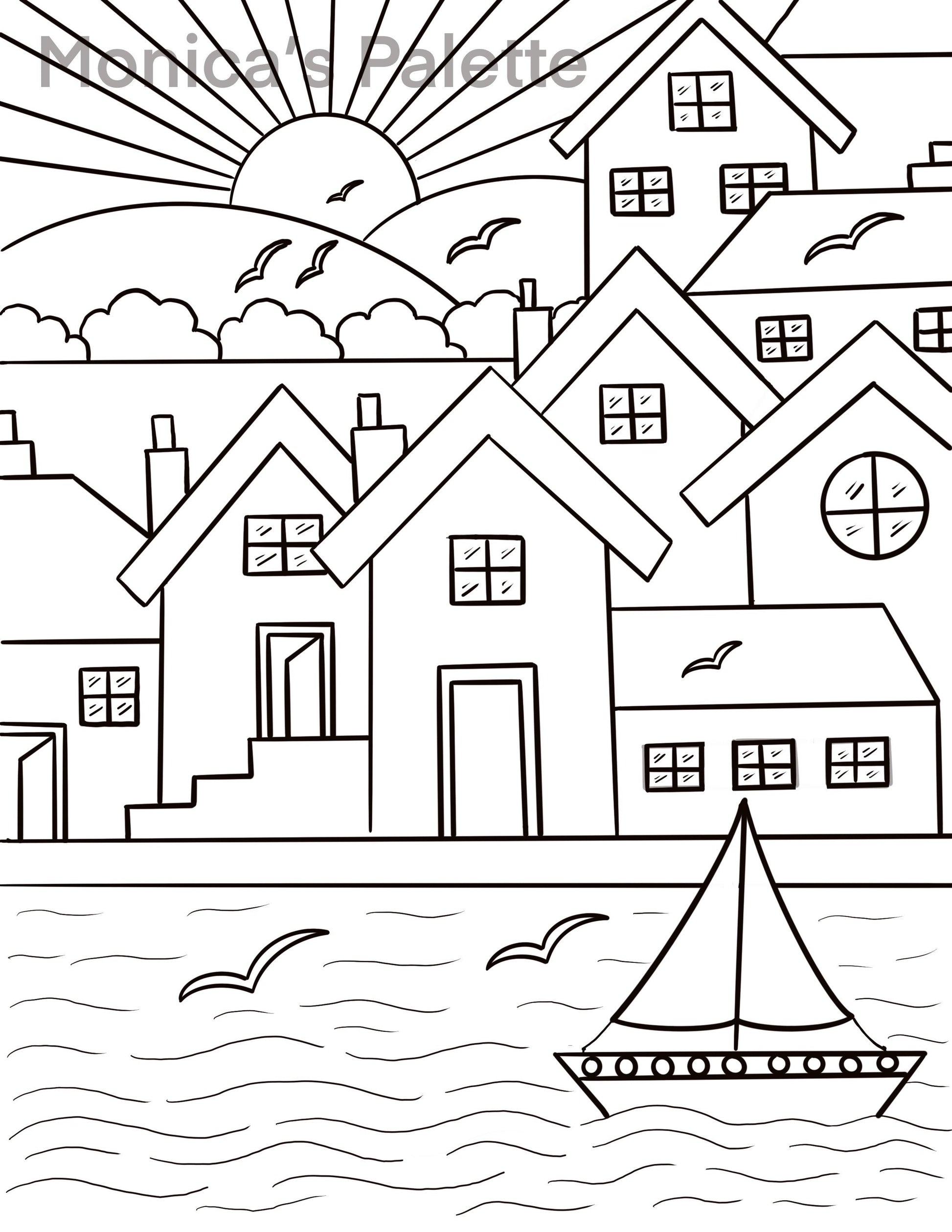 Coloring Page - River Buildings Coloring Page