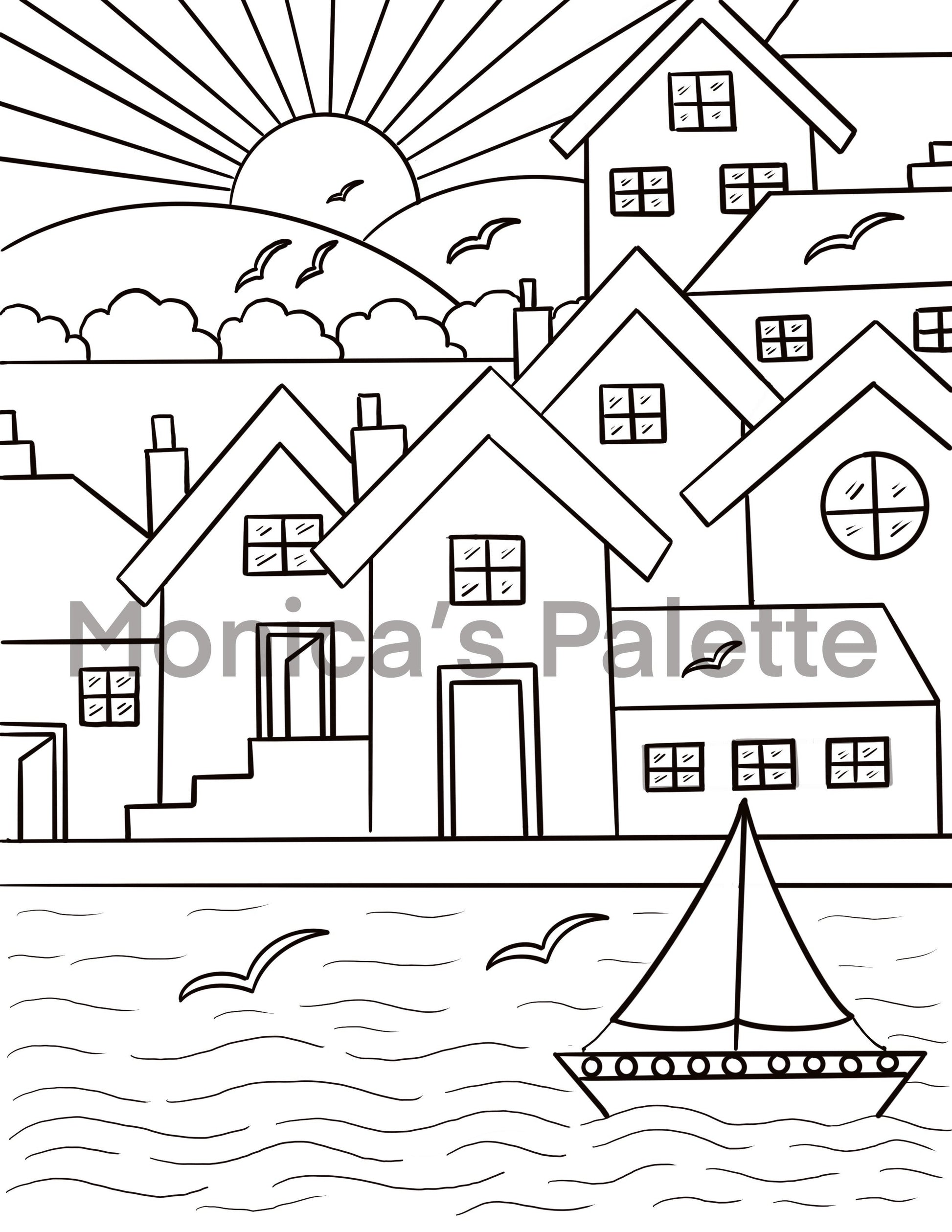 Coloring Page - River Buildings Coloring Page
