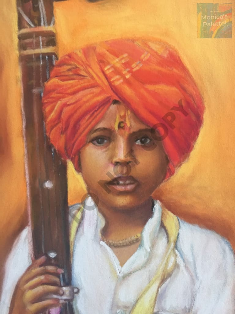 Boy With Sitar - Pastel Painting Wall Decor