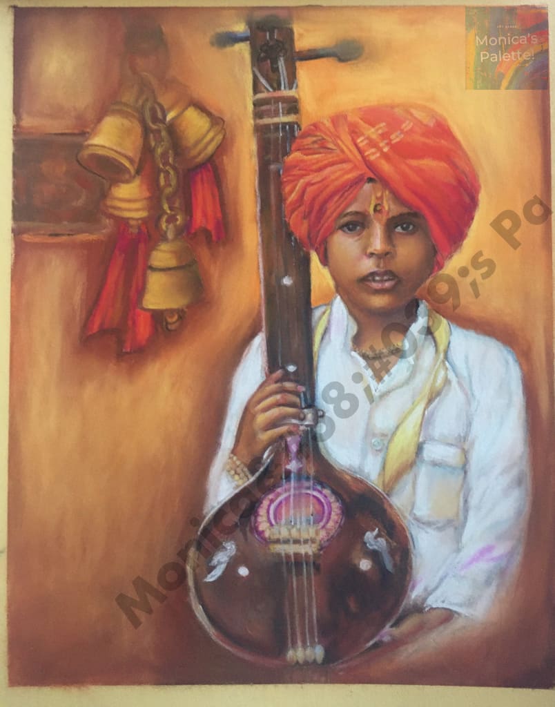 Boy With Sitar - Pastel Painting Wall Decor
