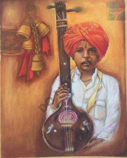 Boy With Sitar - Pastel Painting Wall Decor