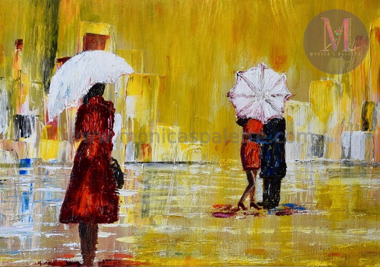 Rainy Day Original Hand Made Acrylic Painting Home Deco Walk In Rain Painting