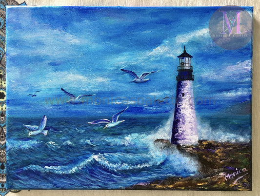 The Light House - Acrylic Original Painting Lighthouse Painting Walldecor Originalartwork Ocean On