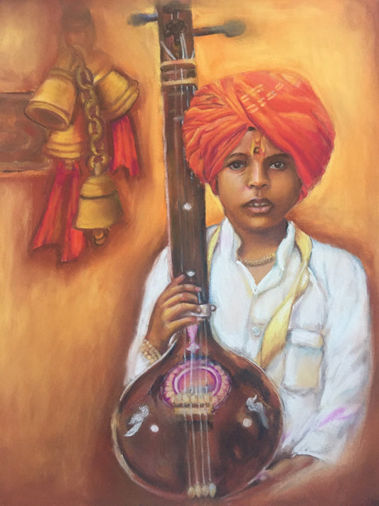 Boy With Sitar - Pastel Painting Wall Decor