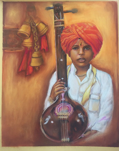 Boy With Sitar - Pastel Painting Wall Decor