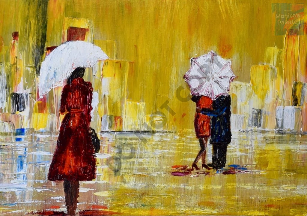 Rainy Day Original Hand Made Acrylic Painting Home Deco Walk In Rain Painting