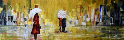 Rainy Day Original Hand Made Acrylic Painting Home Deco Walk In Rain Painting