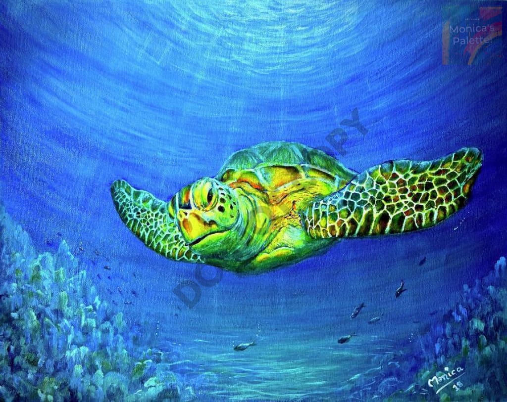 Sea World - Tortoise Acrylic Original Painting Under The Sea Turtle Painting