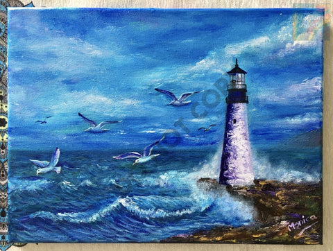 The Light House - Acrylic Original Painting Lighthouse Painting Walldecor Originalartwork Ocean On